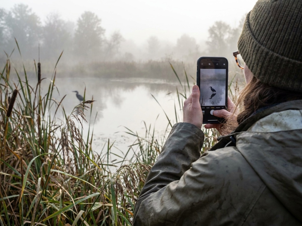 Person using a phone camera to frame a heron across a wetland