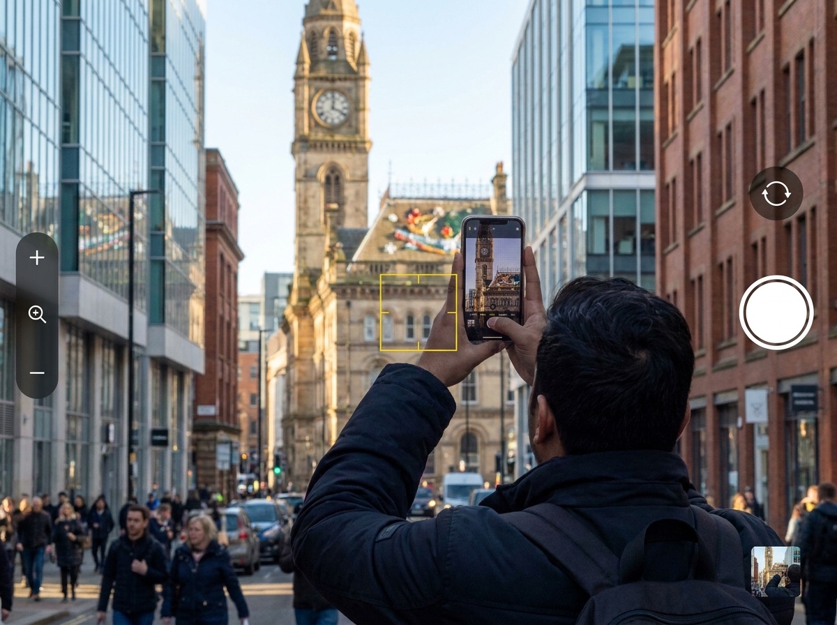 Commuter using a phone camera to frame a distant city clock tower