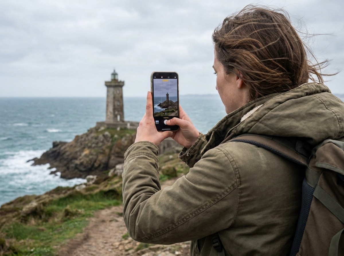 Traveler using a phone camera to frame a distant lighthouse on the coast