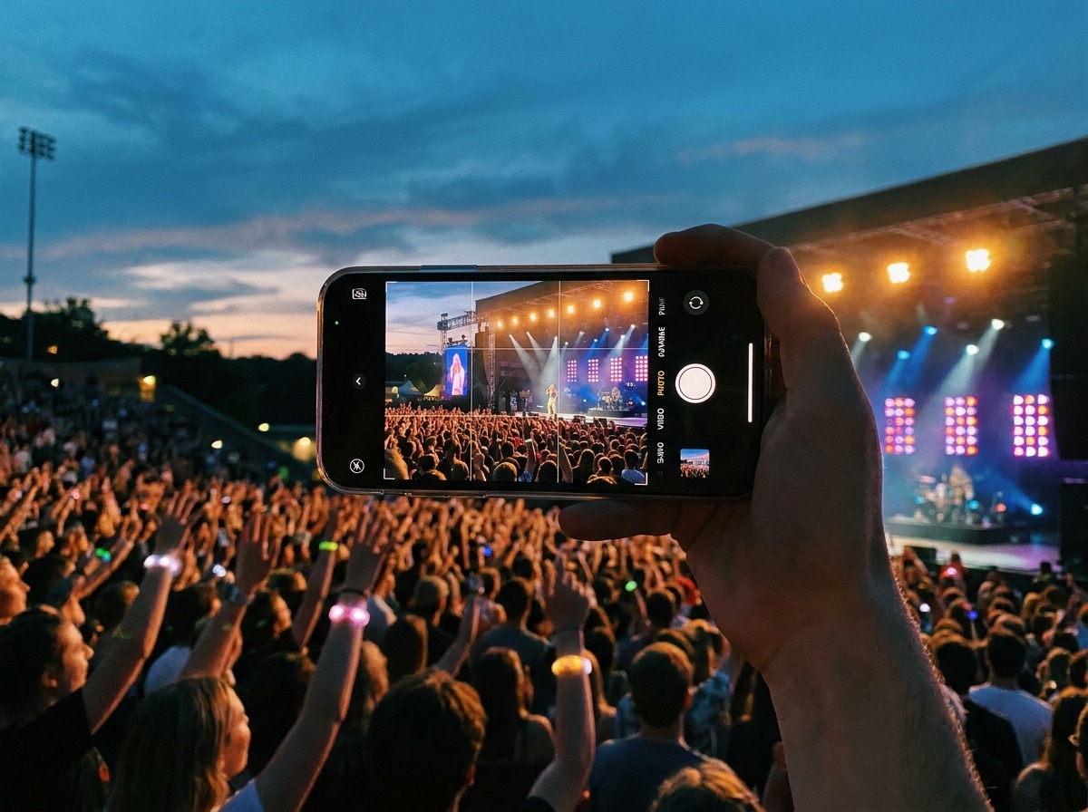 Phone camera framing a distant singer at an outdoor concert
