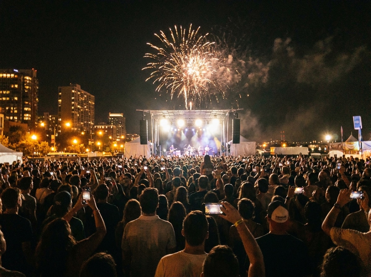 Crowd watching fireworks above a live outdoor stage