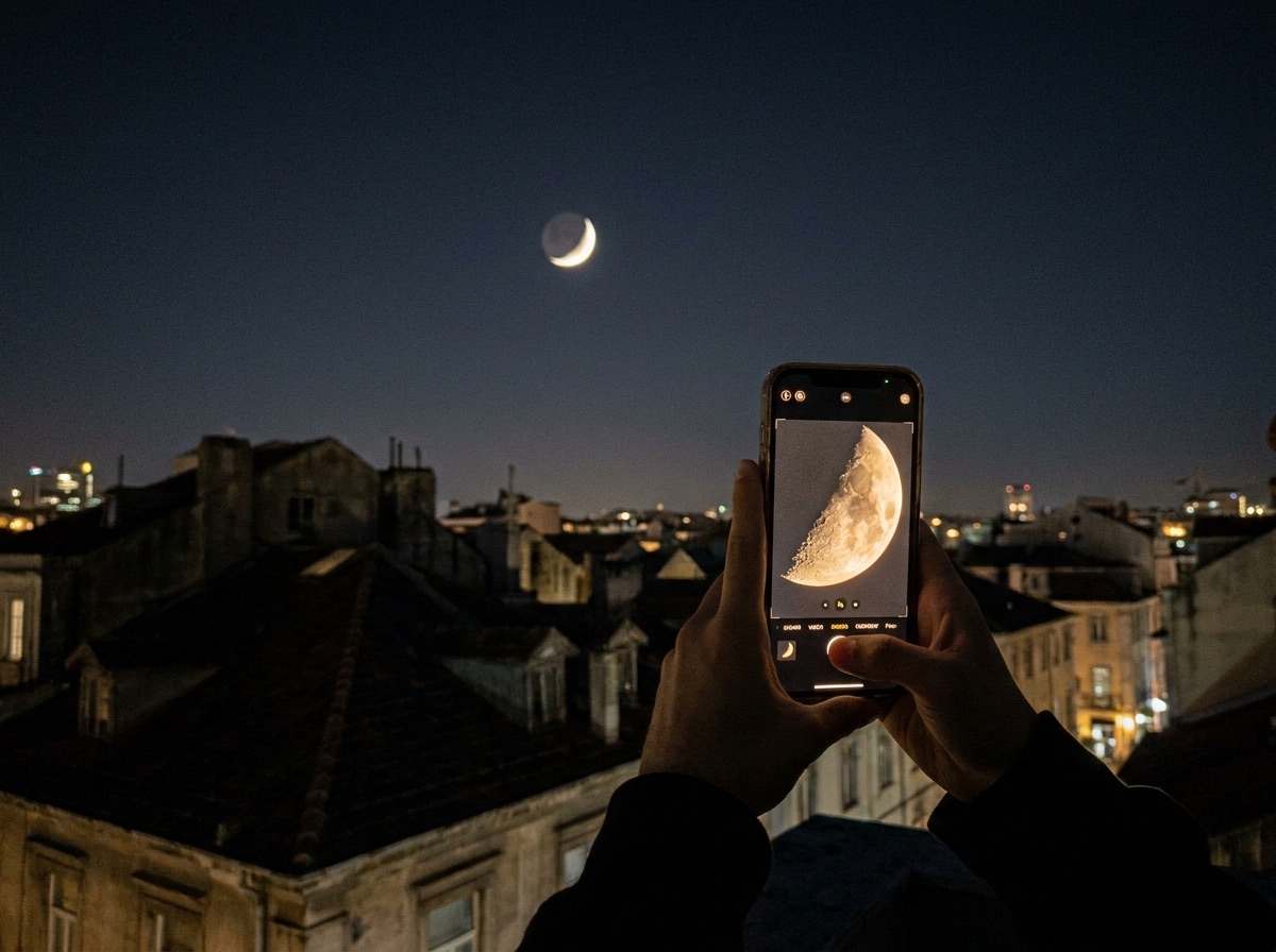Phone camera framing a crescent moon above a city rooftop