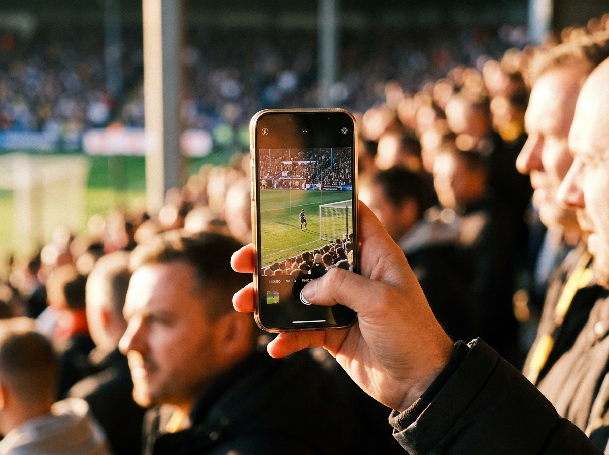 Spectator using a phone camera to frame a distant football player