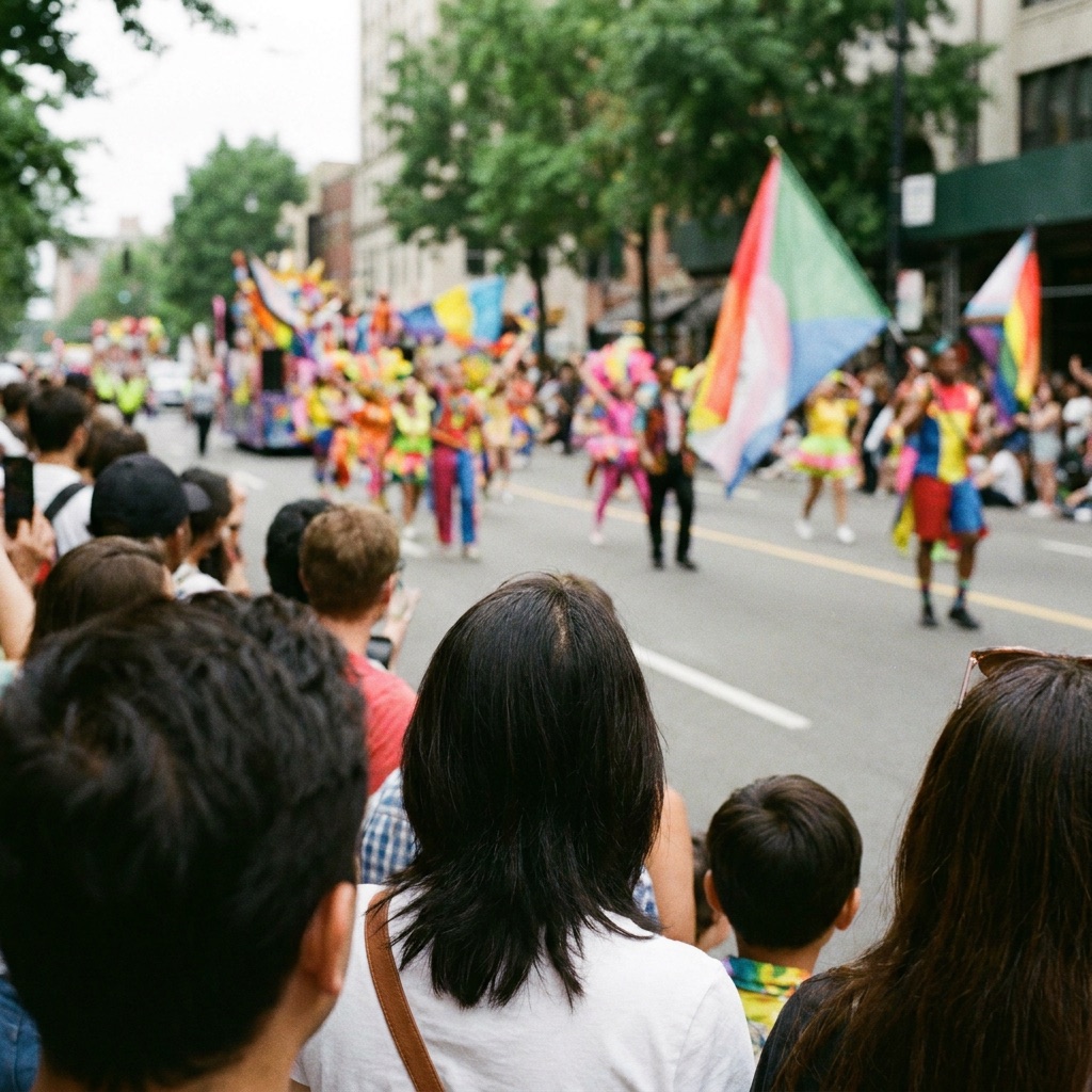 Street parade seen from behind a crowd on a city avenue