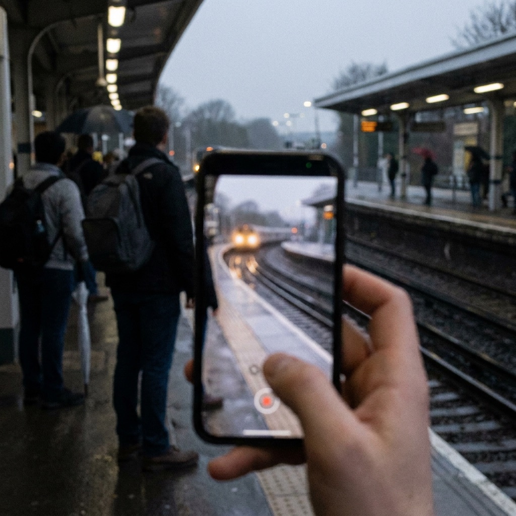 Phone camera framing a train arriving at a station